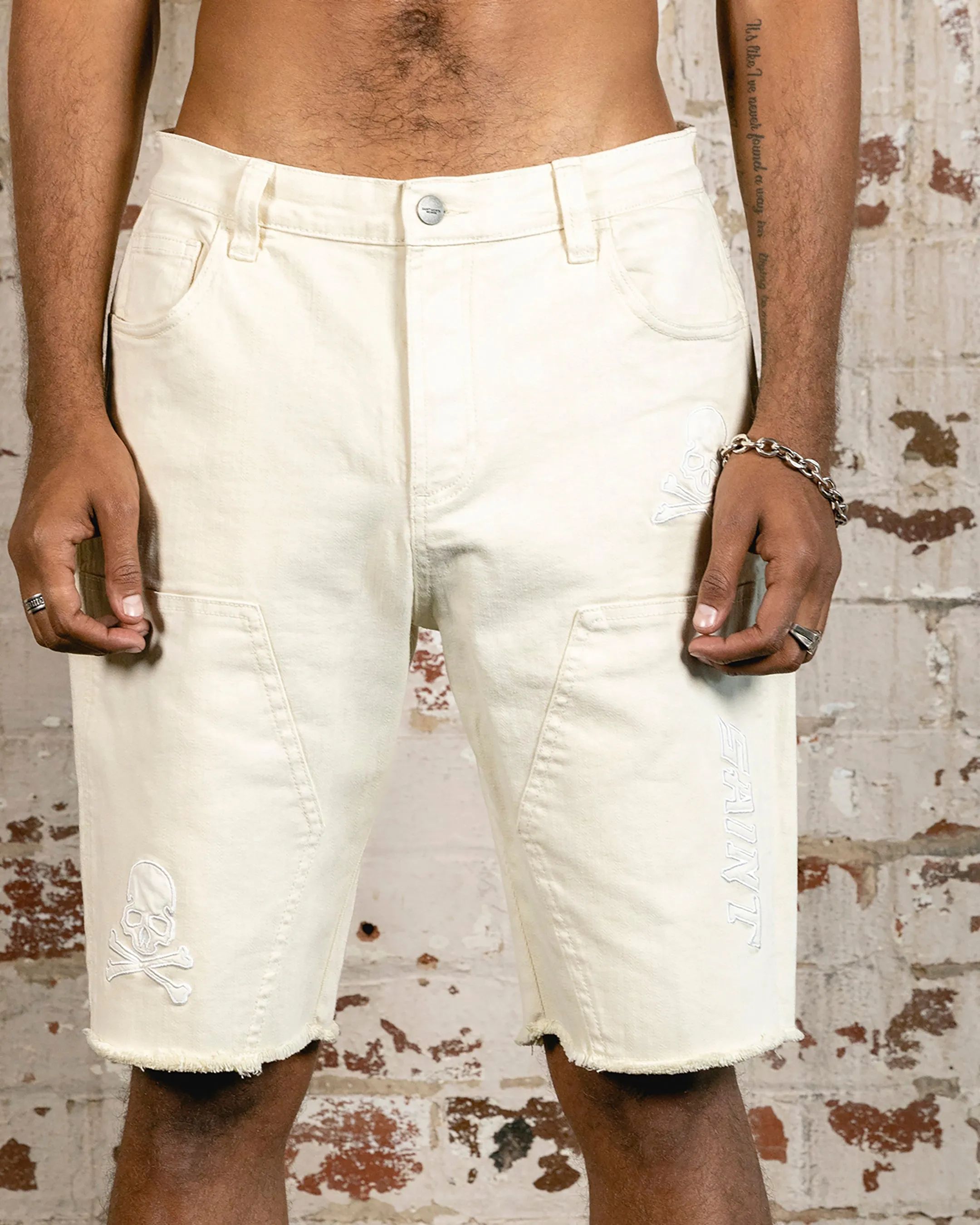 Saint Morta Skull And Bones Denim Shorts Off White