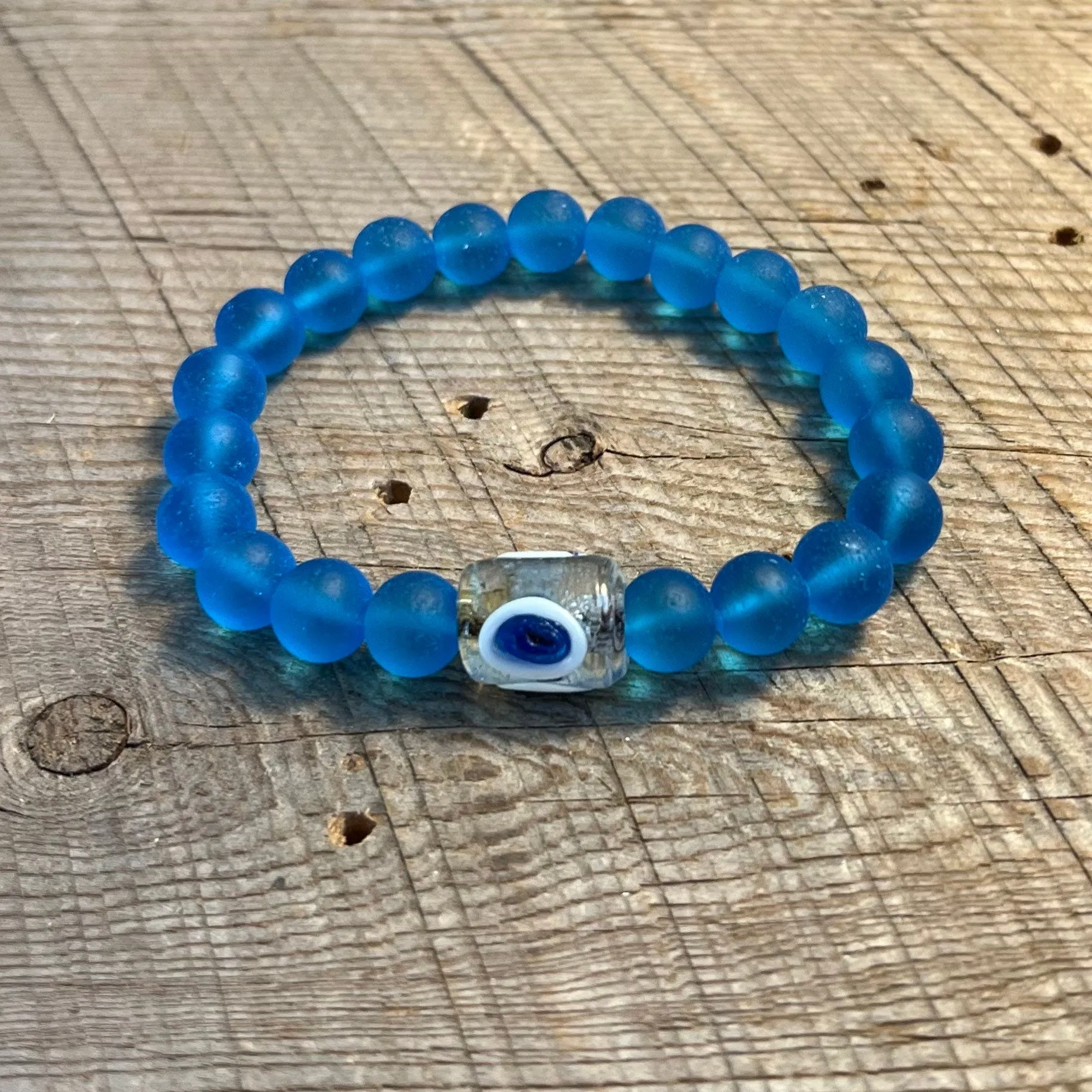 SariBlue®️ Cultured Seaglass Evil Eye Bracelets: Lavender, Ultra Blue and Cobalt Blue