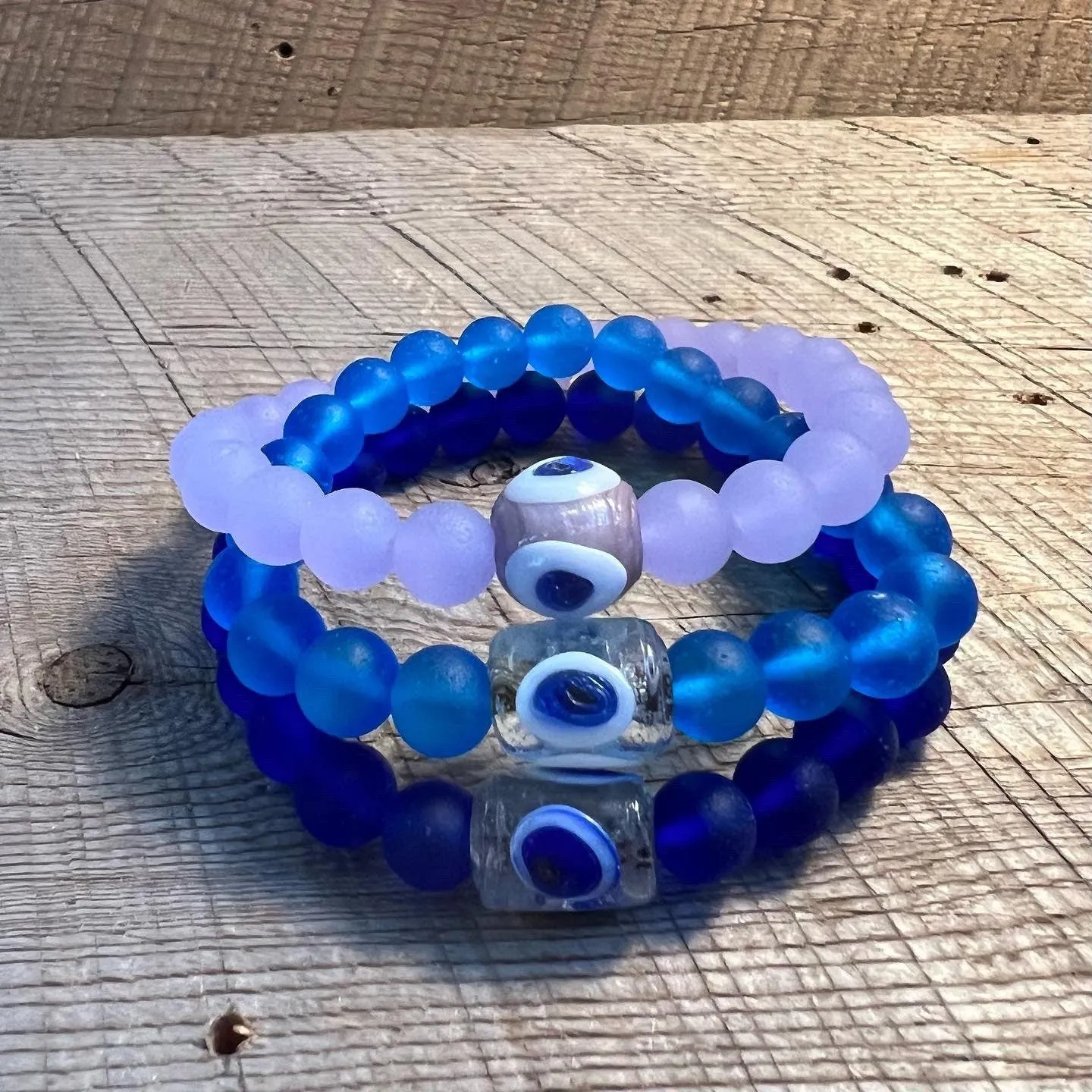 SariBlue®️ Cultured Seaglass Evil Eye Bracelets: Lavender, Ultra Blue and Cobalt Blue