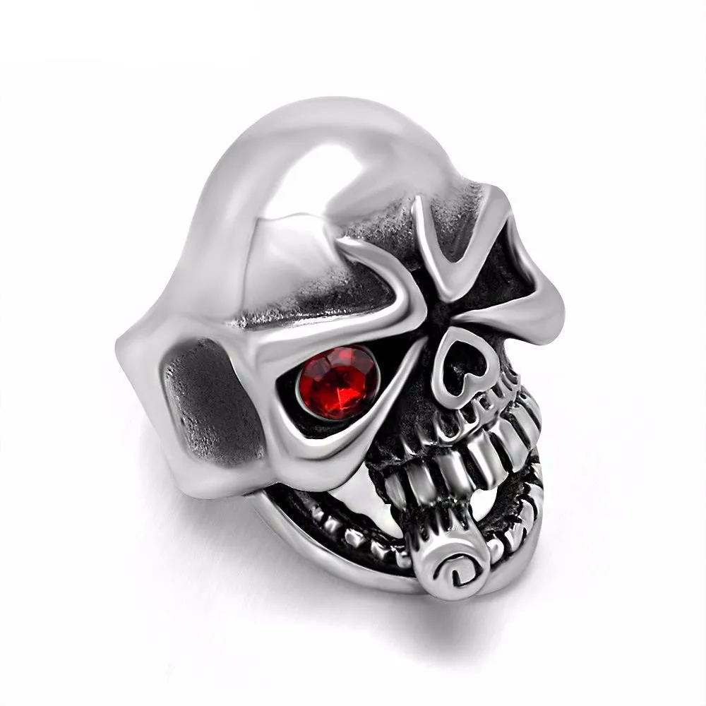 Silver Metal Skull Ring with Cigar in Mouth and One Red Eye Stainless Steel