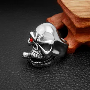 Silver Metal Skull Ring with Cigar in Mouth and One Red Eye Stainless Steel