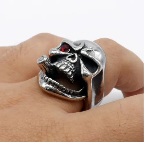 Silver Metal Skull Ring with Cigar in Mouth and One Red Eye Stainless Steel