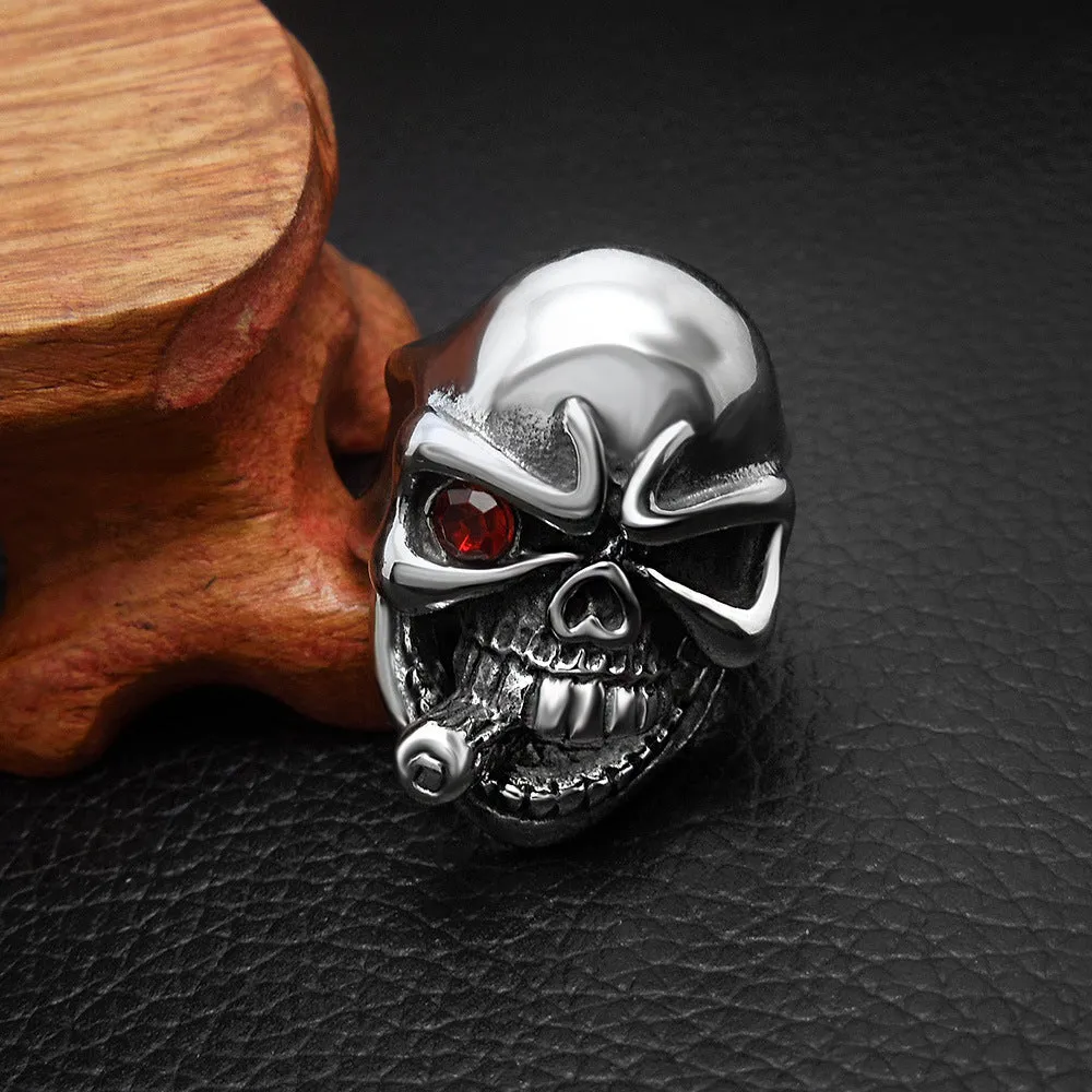 Silver Metal Skull Ring with Cigar in Mouth and One Red Eye Stainless Steel