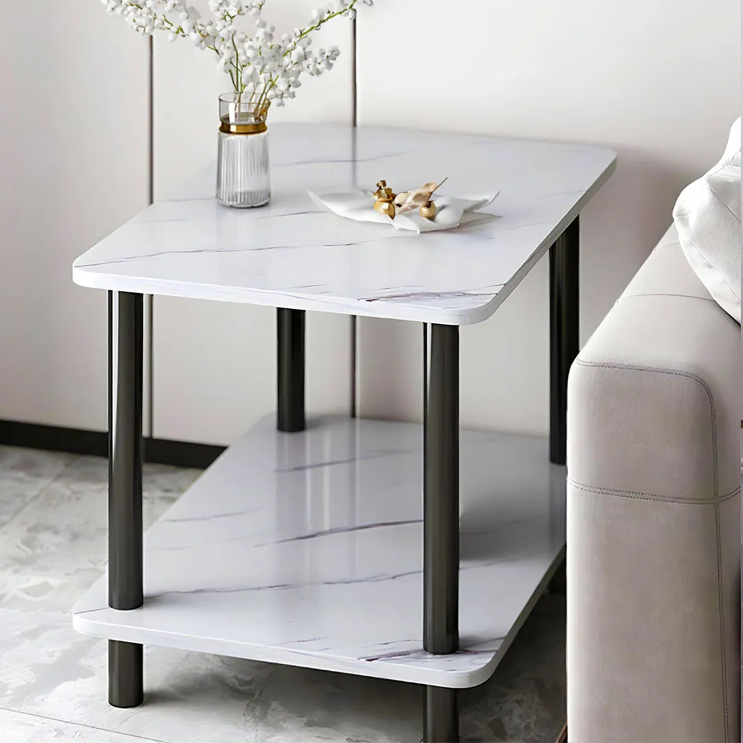 SOGA 70cm White Ceramic Table Stone Pattern Modern Design with Black Metal Legs