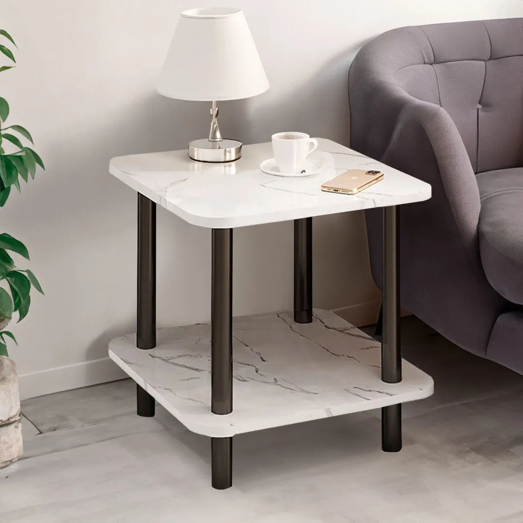 SOGA 70cm White Ceramic Table Stone Pattern Modern Design with Black Metal Legs