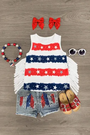 Stars & Stripes Fringe Denim Short Set