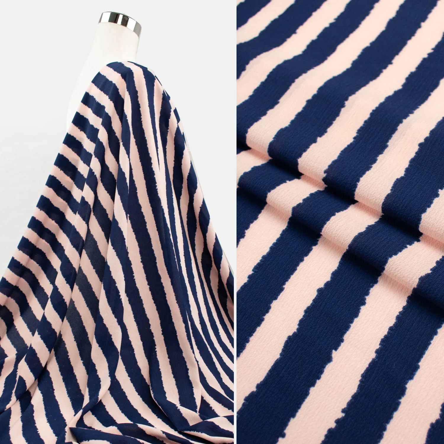 Stripe Printed Crepe Georgette Baby Pink & Navy