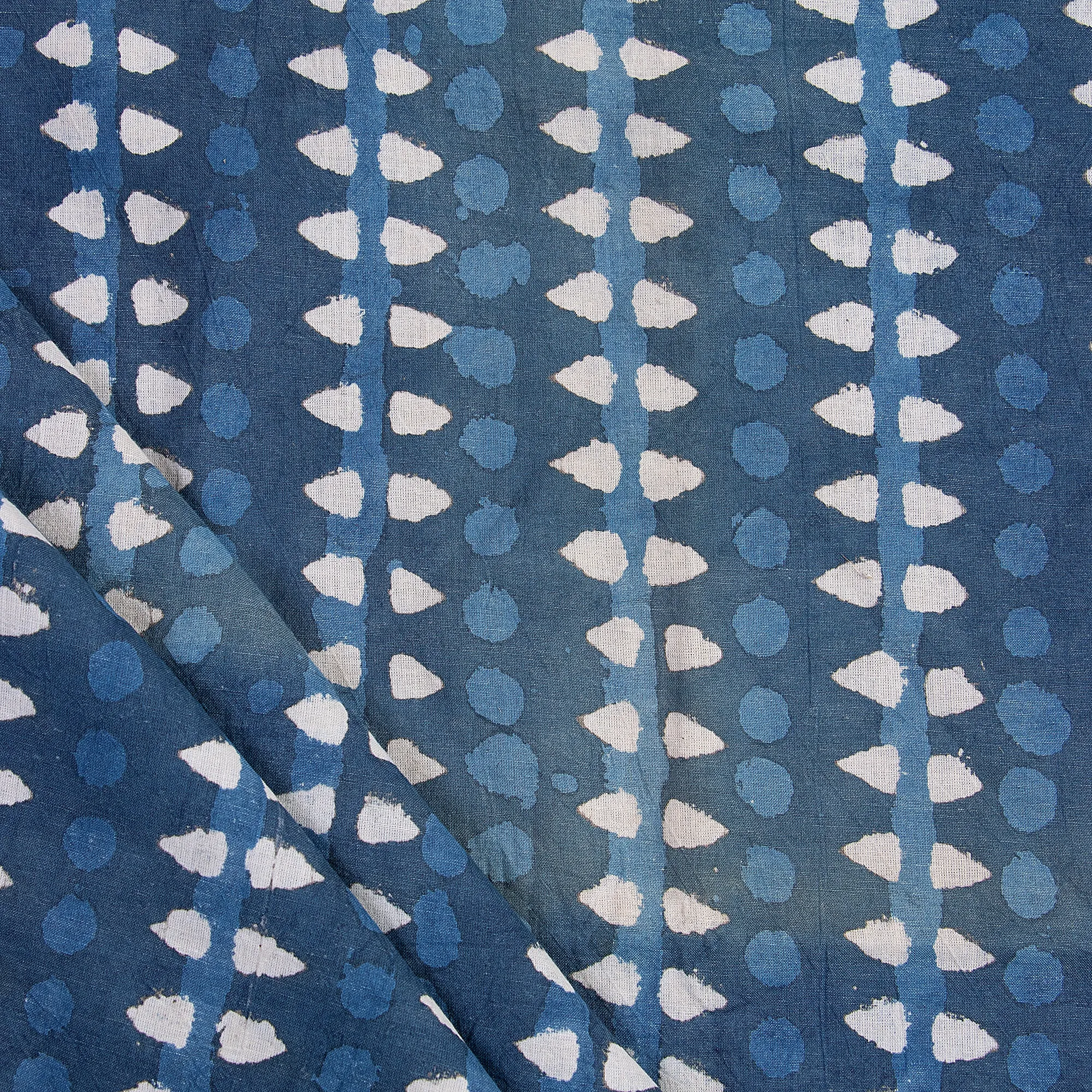 Striped Block Print Indigo Cotton Fabric