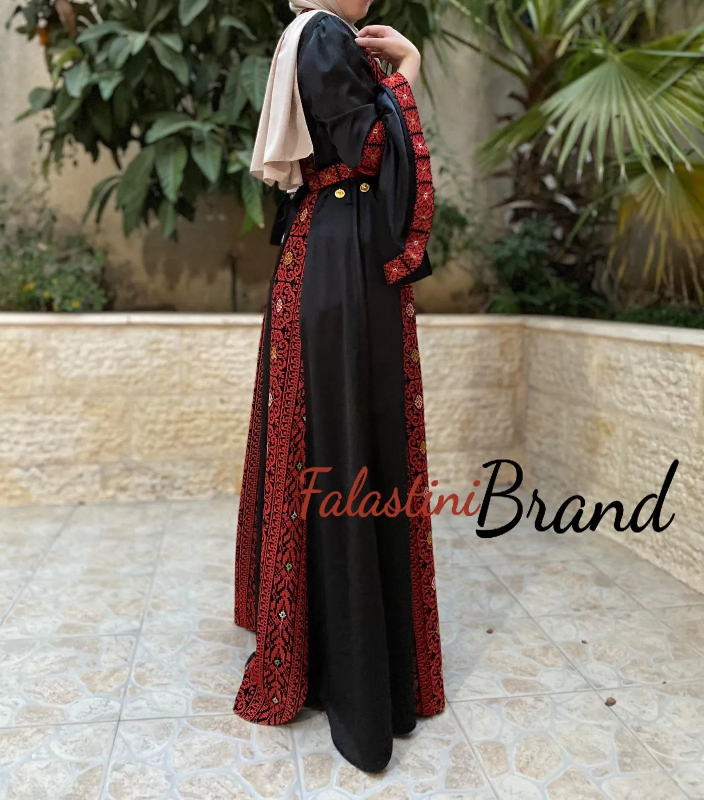 Stunning Satin Black and Red Palestinian Embroidered Extra Cloche Dress With Coins