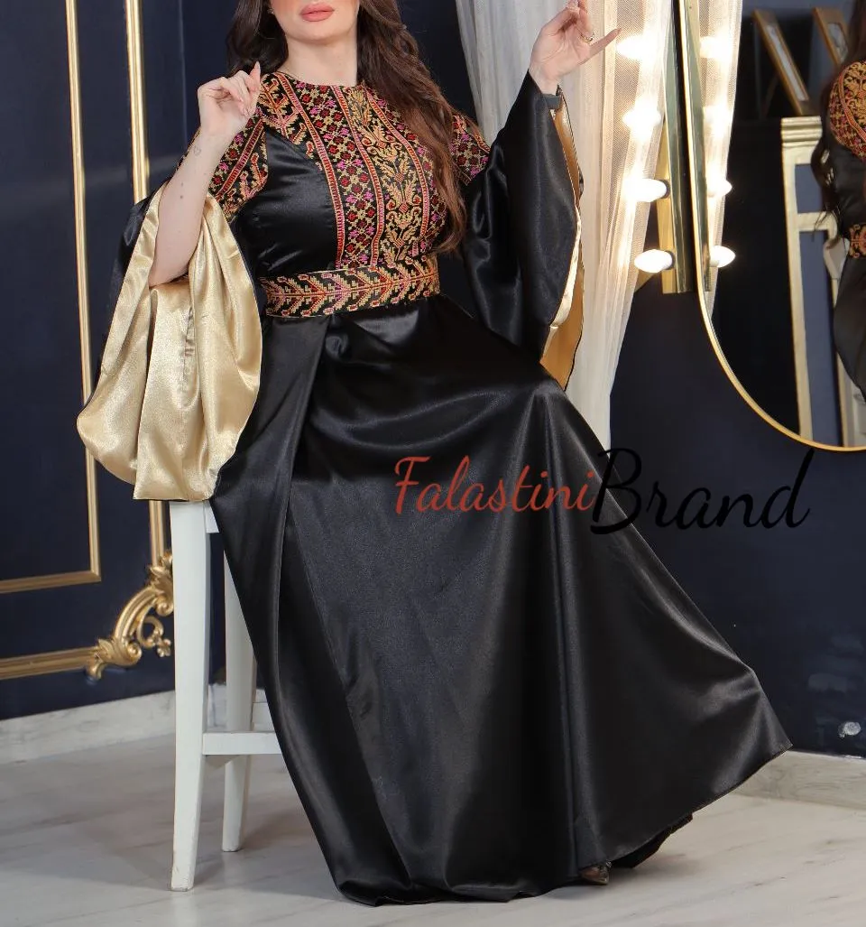 Stunning Satin Black Cloche Golden Embroidered Dress