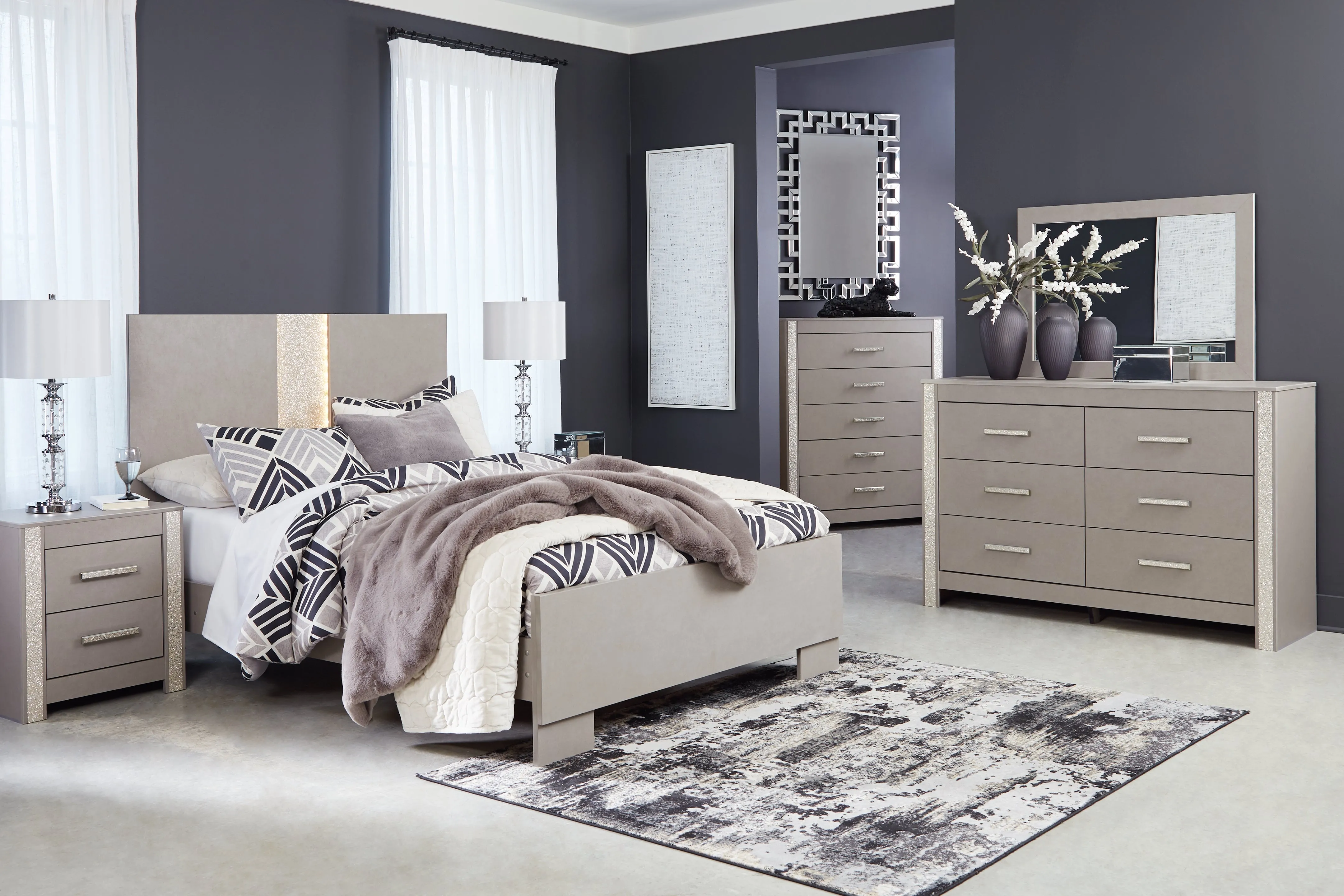 Surancha Queen Panel Bed with Mirrored Dresser, Chest and 2 Nightstands in Gray