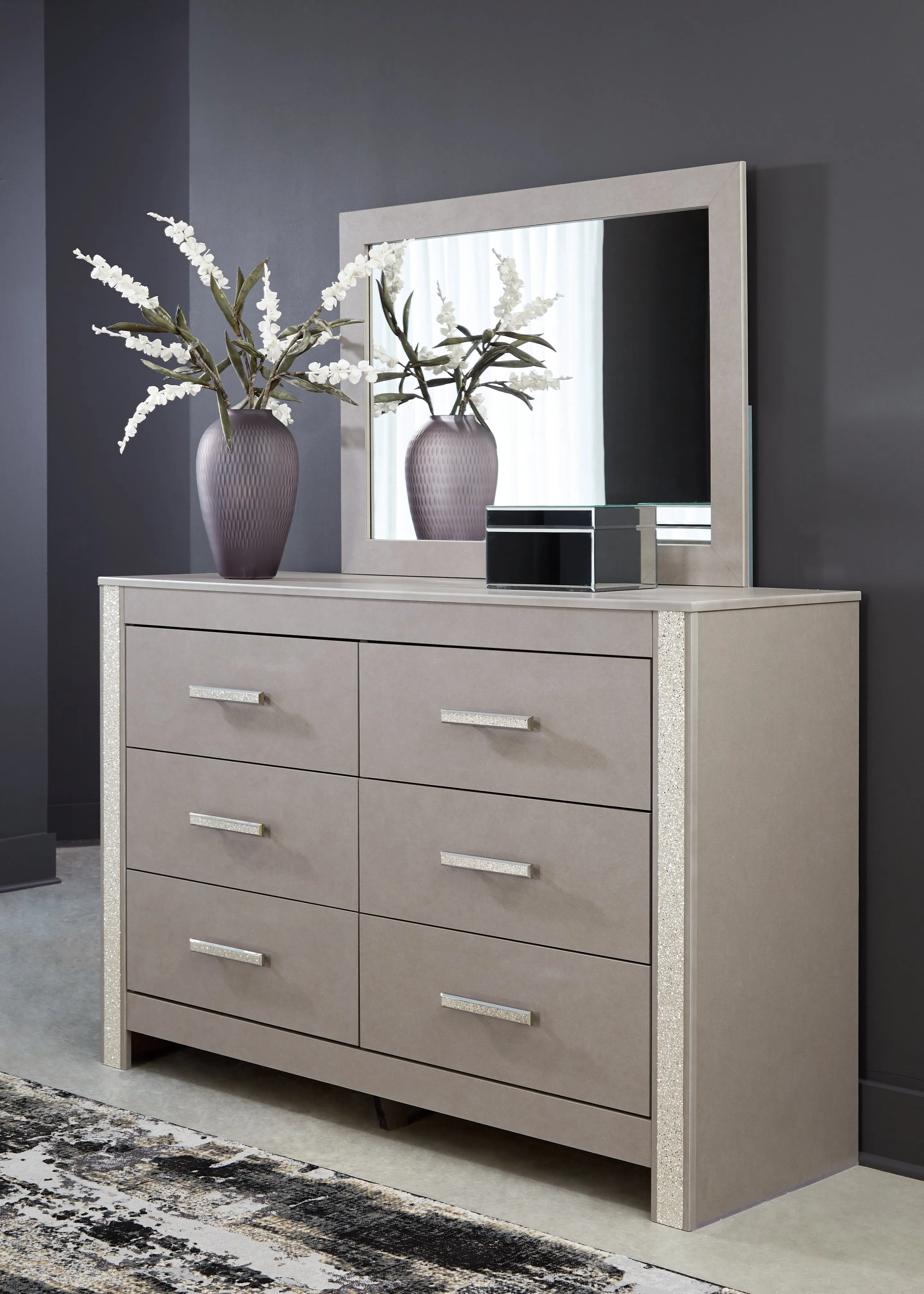 Surancha Queen Panel Bed with Mirrored Dresser, Chest and 2 Nightstands in Gray