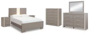 Surancha Queen Panel Bed with Mirrored Dresser, Chest and 2 Nightstands in Gray