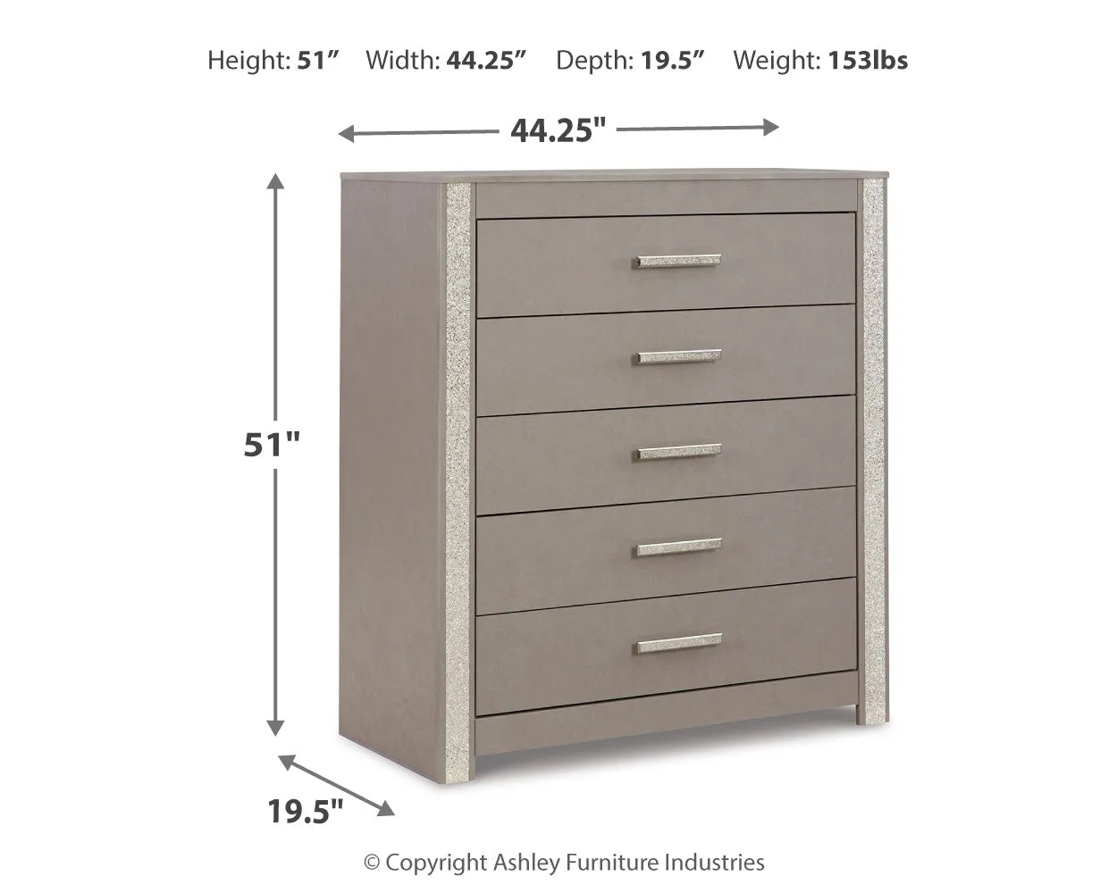 Surancha Queen Panel Bed with Mirrored Dresser, Chest and 2 Nightstands in Gray