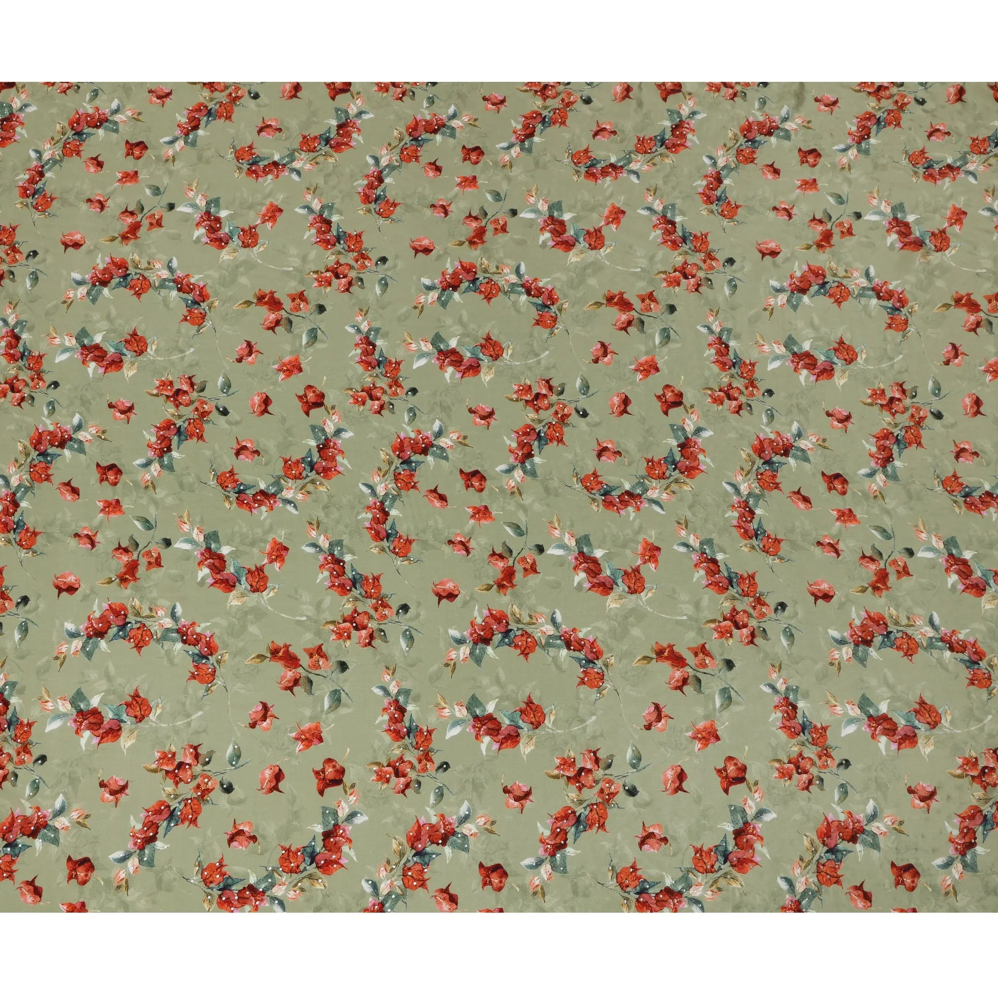 Synthetic Crepe Fabric with Stone Work - Red and Green Floral Vine on Sage Green, 110 cm Width-D20648