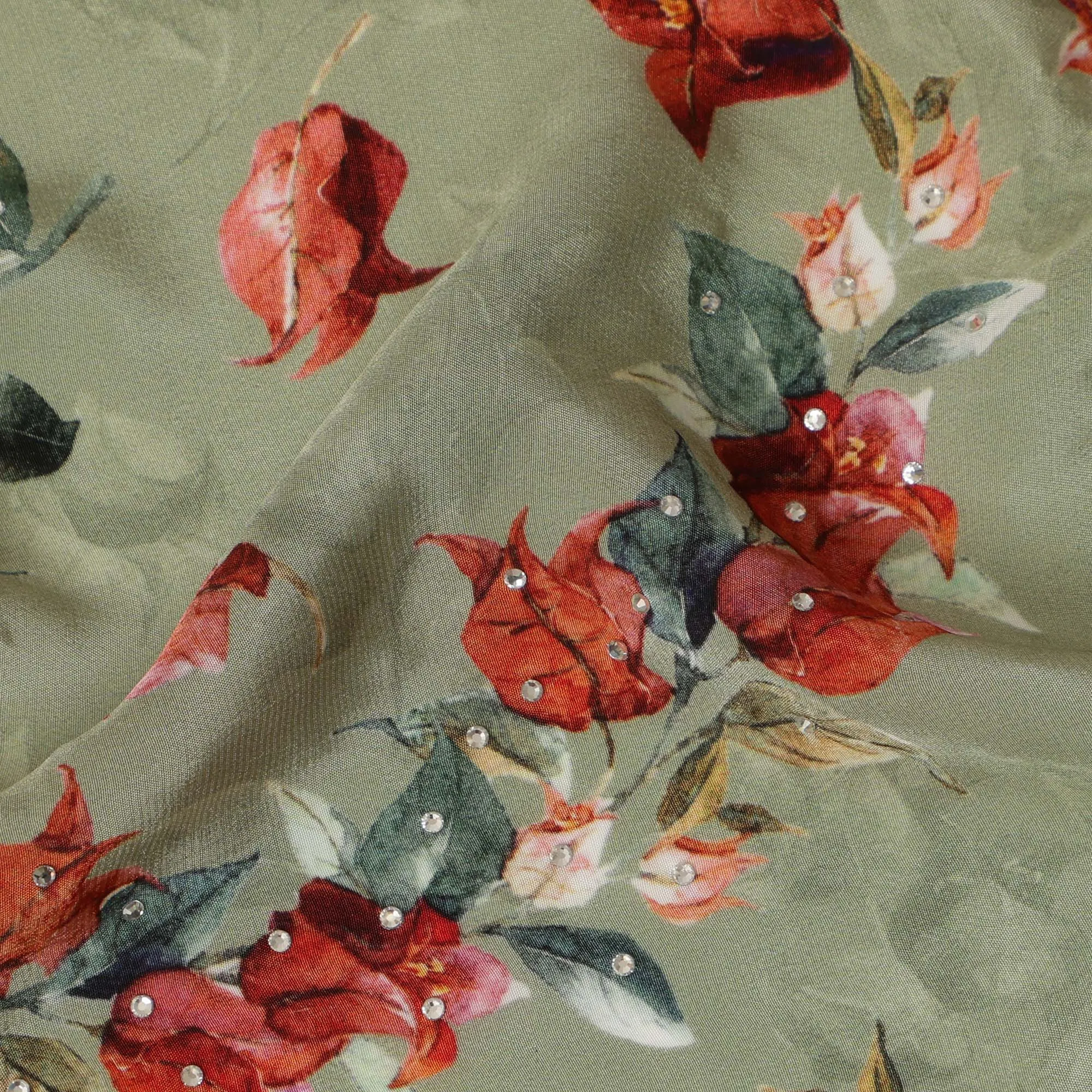 Synthetic Crepe Fabric with Stone Work - Red and Green Floral Vine on Sage Green, 110 cm Width-D20648