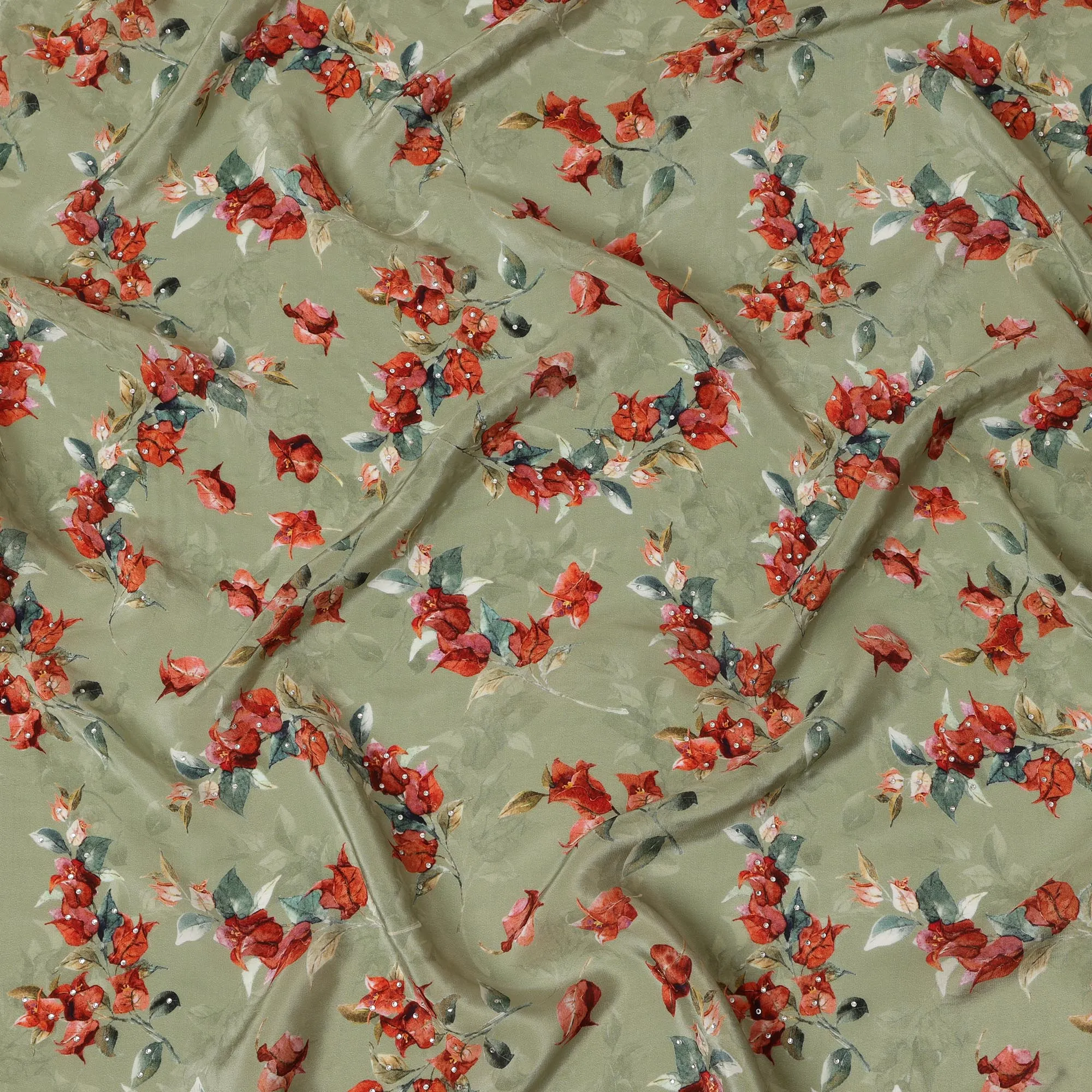 Synthetic Crepe Fabric with Stone Work - Red and Green Floral Vine on Sage Green, 110 cm Width-D20648