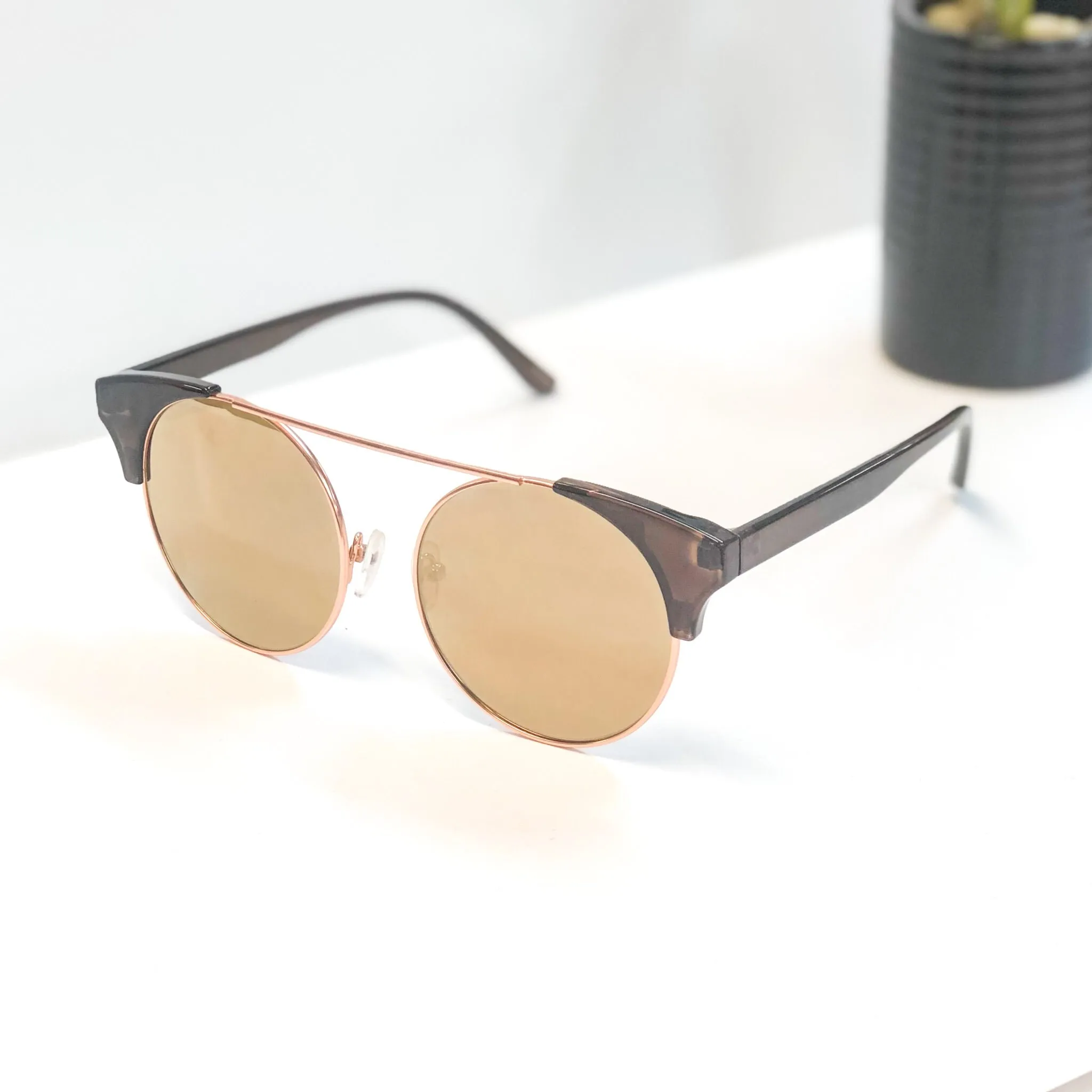 The Nina Round Cat Eye Sunglasses in Rose Gold and Brown