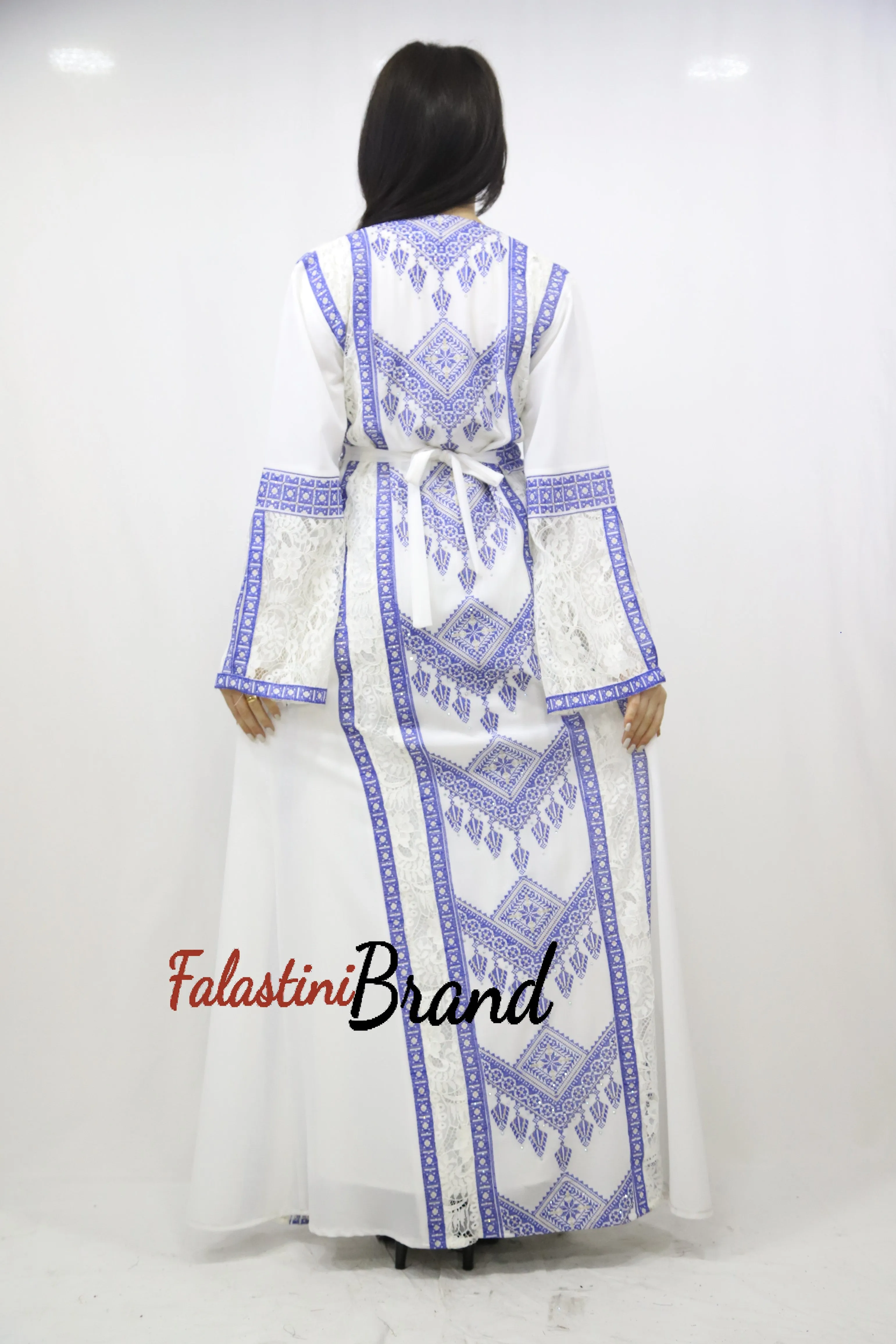 Two Pieces Amazing White And blue Palestinian Embroidered Dress