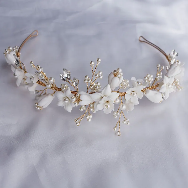 White Floral Porcelain Ceramic and Pearl Tiara-Crown