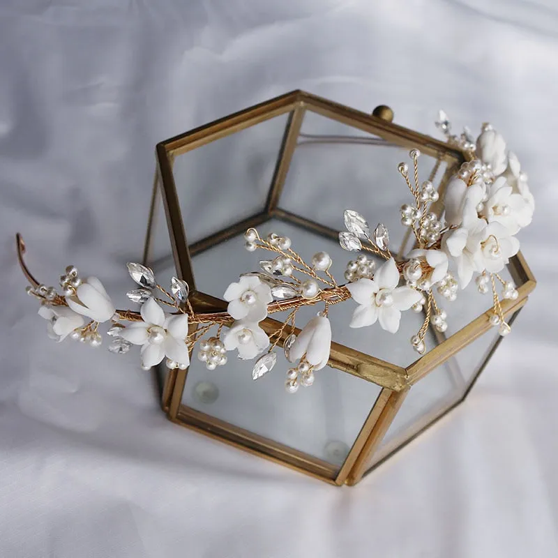 White Floral Porcelain Ceramic and Pearl Tiara-Crown