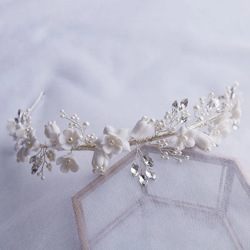 White Floral Porcelain Ceramic and Pearl Tiara-Crown