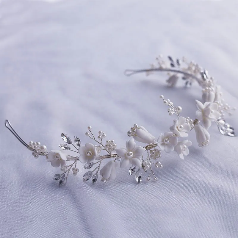 White Floral Porcelain Ceramic and Pearl Tiara-Crown