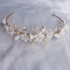 White Floral Porcelain Ceramic and Pearl Tiara-Crown