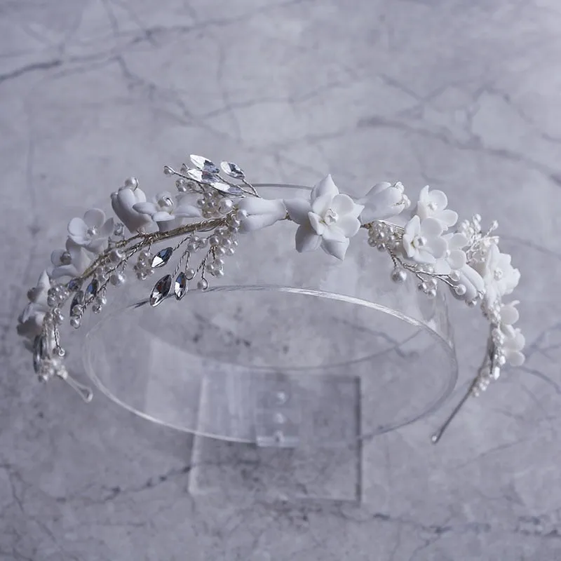 White Floral Porcelain Ceramic and Pearl Tiara-Crown