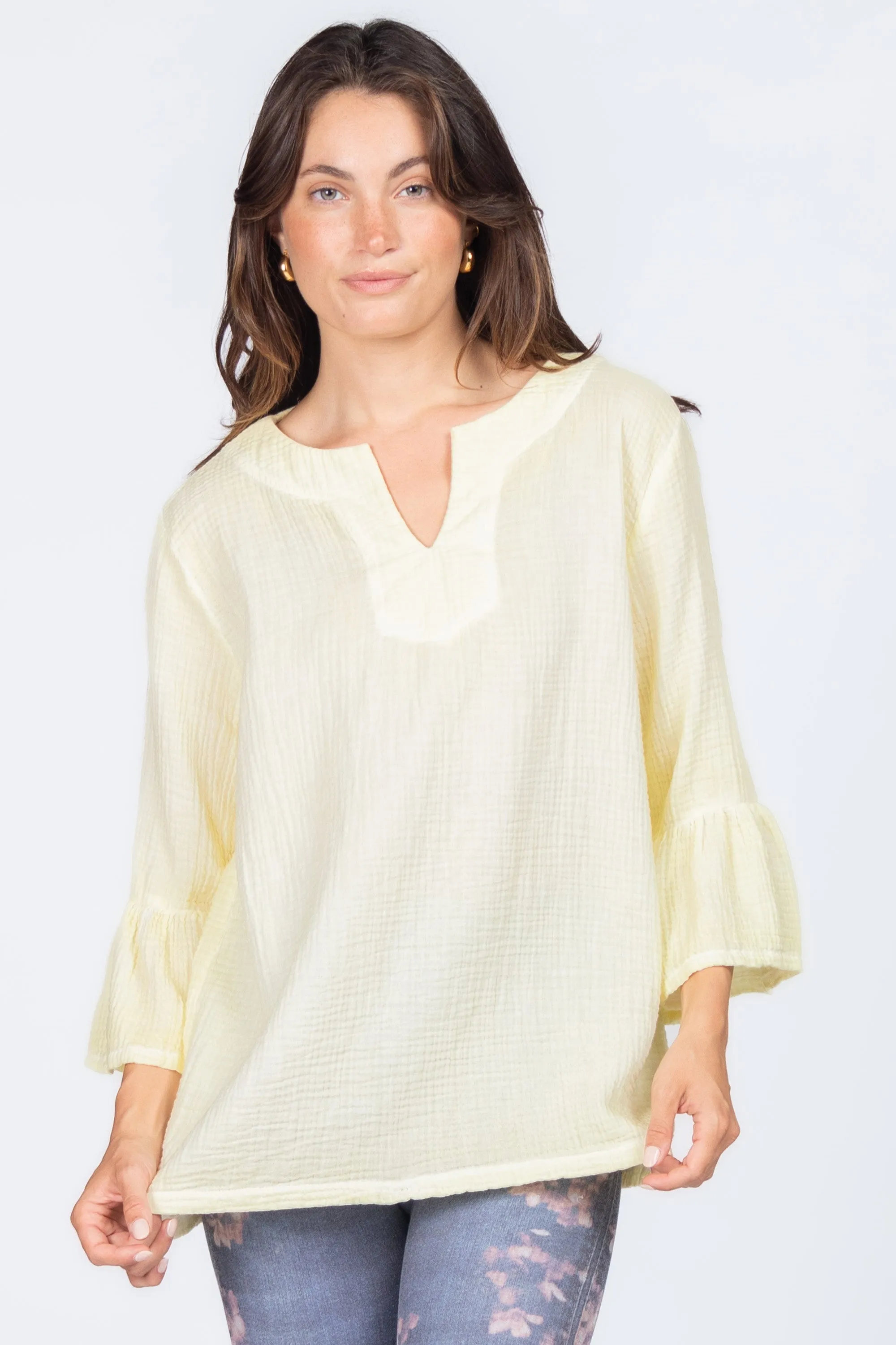 Wide Placket Split Collar Tunic with Flutter Sleeves