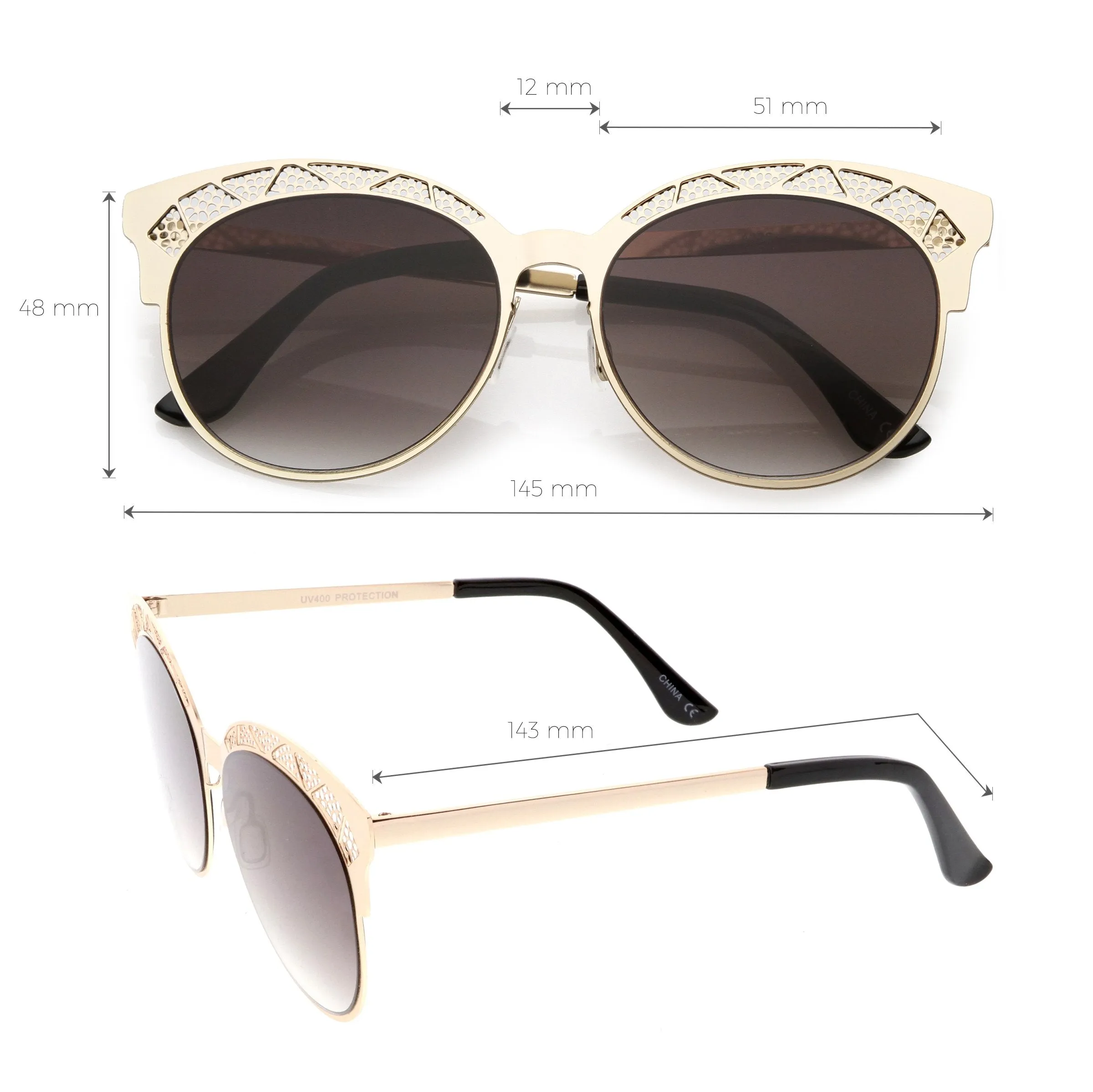 Women's Laser Cut Design Cat Eye Flat Lens Sunglasses C313