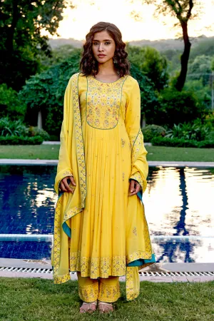 Yellow Georgette Kali Kurta With Gota Patti Hand Embroidery