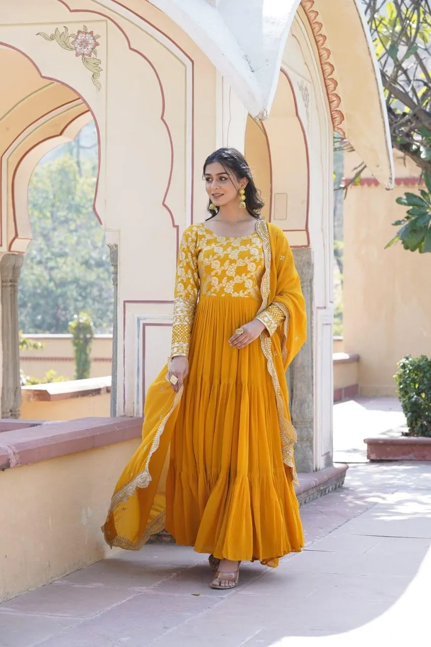 Yellow Georgette Ruffle gown with dupatta