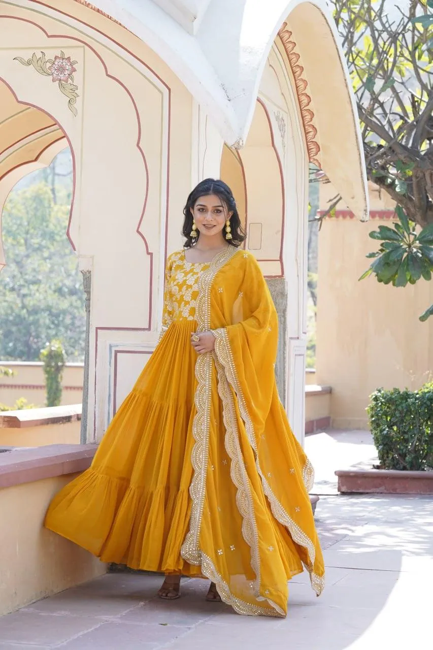 Yellow Georgette Ruffle gown with dupatta