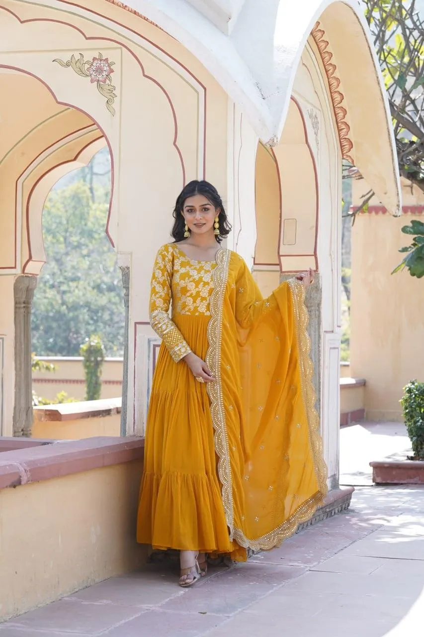 Yellow Georgette Ruffle gown with dupatta