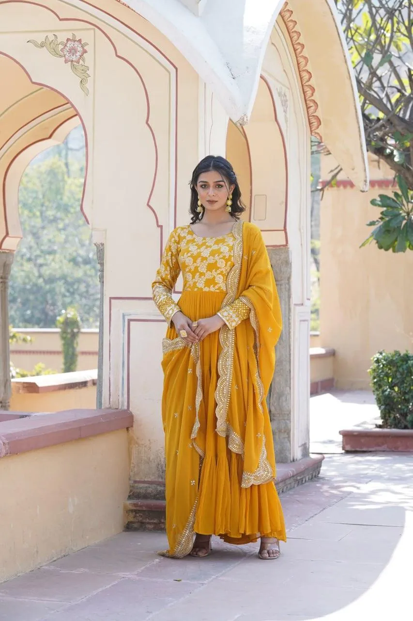 Yellow Georgette Ruffle gown with dupatta