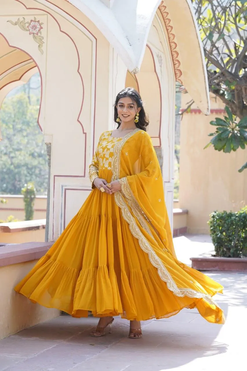 Yellow Georgette Ruffle gown with dupatta