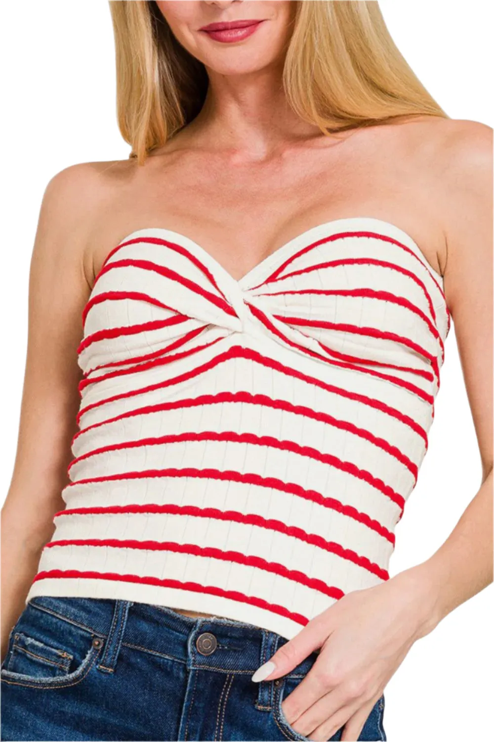 Zenana Twisted Sweetheart Neck Striped Tube Top